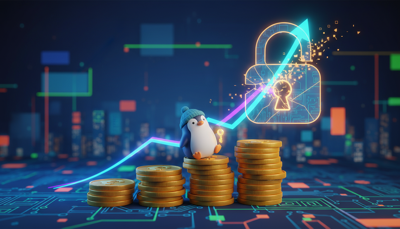 รูป Pudgy Penguins NFT บนกองเหรียญดิจิทัล แสดงถึงการพุ่งขึ้นของราคาและการปลดล็อกโทเค็น PENGU ในตลาดคริปโต