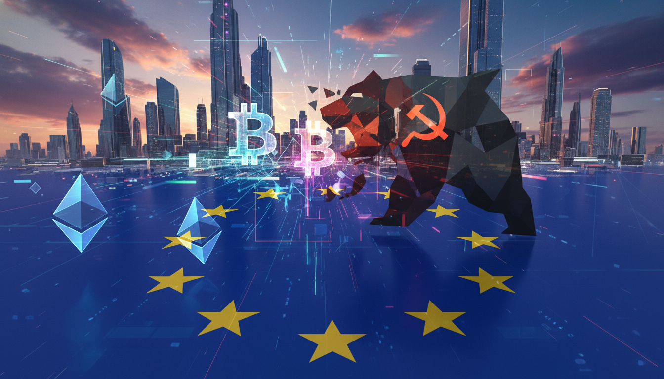 ภาพประกอบธง EU และสัญลักษณ์คริปโต แสดงถึงการคว่ำบาตรคริปโตของ EU ต่อรัสเซีย