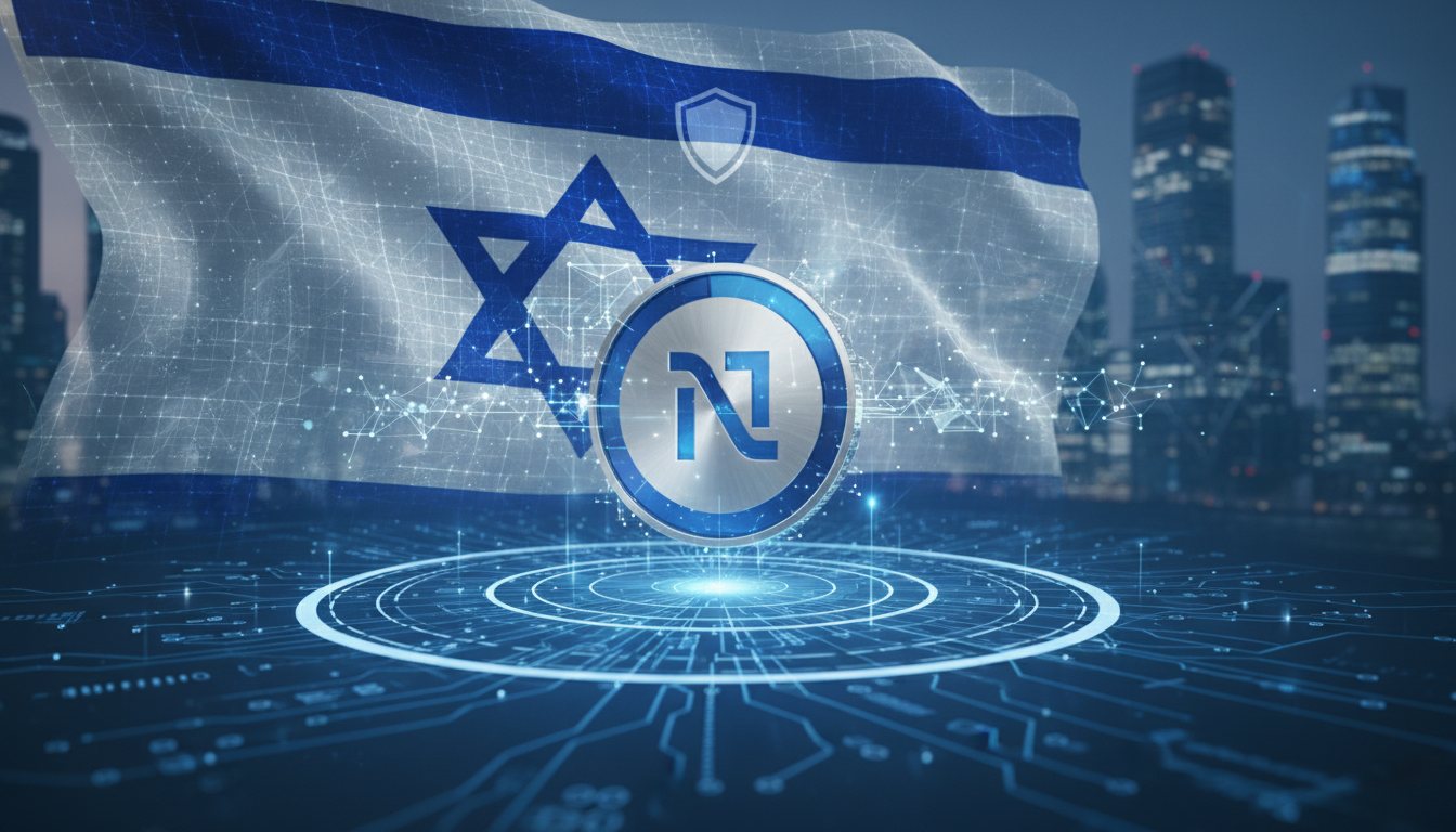 ธงชาติอิสราเอลพร้อมสัญลักษณ์บล็อกเชนและ Stablecoin อิสราเอล BILS