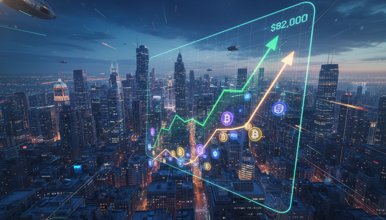 กราฟราคา Bitcoin แสดงแนวโน้มขาขึ้นสู่ 82,000 ดอลลาร์สหรัฐฯ พร้อมสัญลักษณ์ Stablecoin และสภาพคล่องที่เพิ่มขึ้น