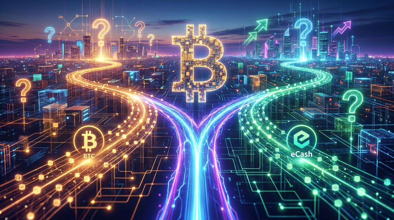 ภาพแสดง Bitcoin กำลังถูกแบ่งเป็นสองสายโซ่ คือ BTC และ eCash ซึ่งเป็นผลจากฮาร์ดฟอร์กที่นักพัฒนา Bitcoin อย่าง Paul Sztorc เสนอ พร้อมความเสี่ยงที่อาจเกิดขึ้น