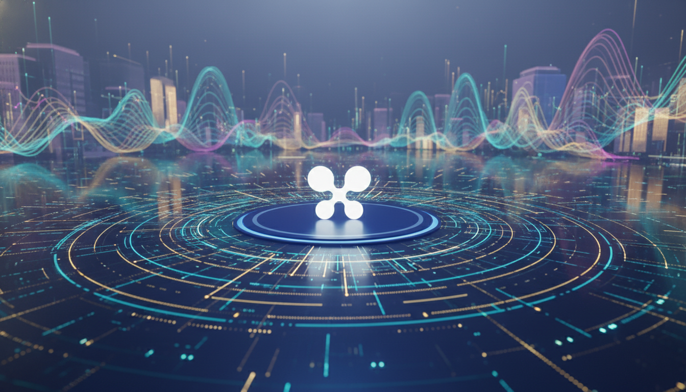 ภาพกราฟิกแสดงสัญลักษณ์ XRP ล้อมรอบด้วยคลื่นดิจิทัล สื่อถึงการเติบโตของ XRP ETF และการลงทุนสถาบันในตลาดคริปโต
