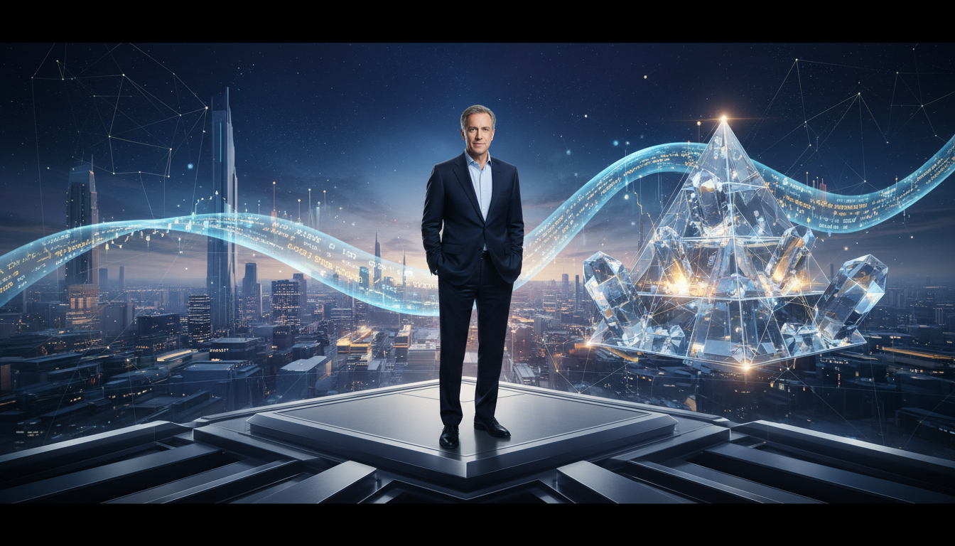 Bill Ackman ผู้ก่อตั้ง Pershing Square กำลังมองไปที่ตลาดหลักทรัพย์ พร้อมกราฟและหุ้นขึ้น แสดงถึง Pershing Square IPO