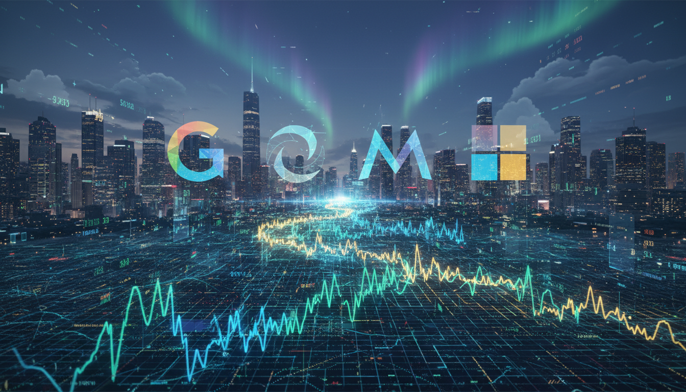 กราฟตลาดหุ้นและโลโก้บริษัทเทคยักษ์ใหญ่ สื่อถึงรายงานผลประกอบการหุ้นเทคที่กำลังจะมาถึง