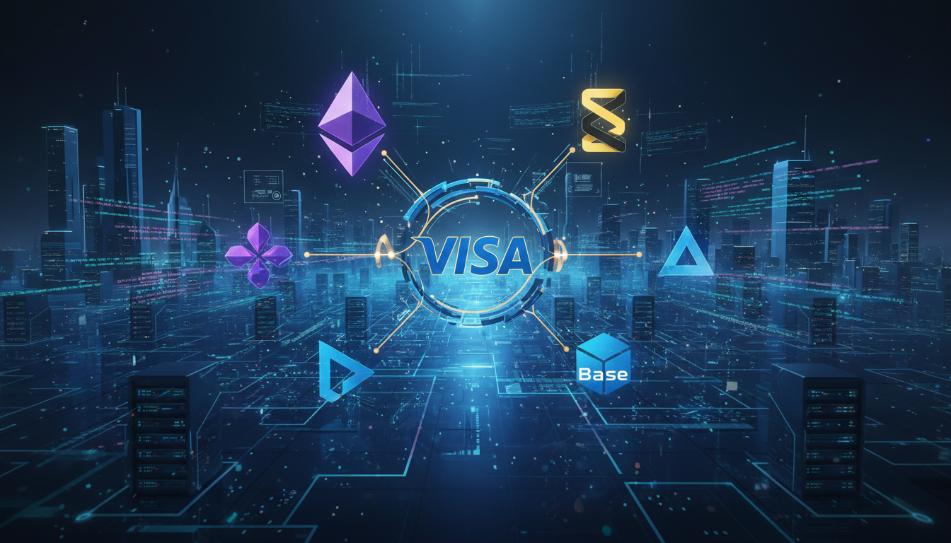 โลโก้ Visa เชื่อมต่อกับบล็อกเชนต่างๆ แสดงถึงการขยายการใช้ Visa สเตเบิลคอยน์ในการชำระเงิน