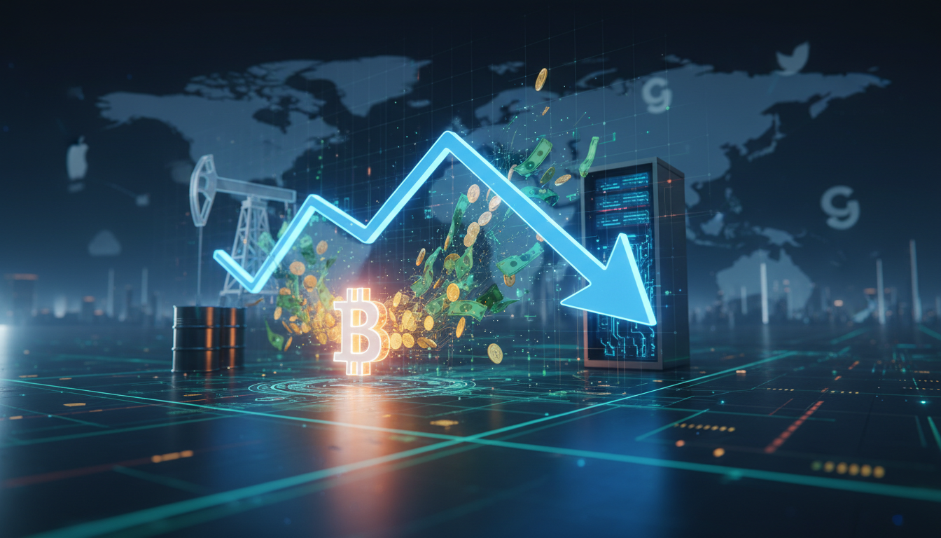 กราฟแสดงเงินไหลออก Bitcoin ETF สู่ตลาด พร้อมสัญลักษณ์บิตคอยน์ที่ลดลง ท่ามกลางภาพรวมเศรษฐกิจโลก
