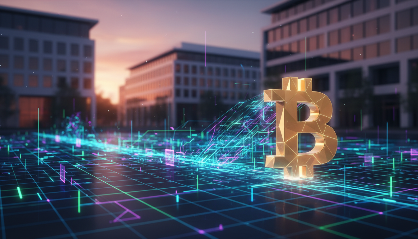 กราฟแท่งแสดงยอดเงินไหลเข้า Bitcoin ETF พร้อมสัญลักษณ์บิตคอยน์และตึกสำนักงาน