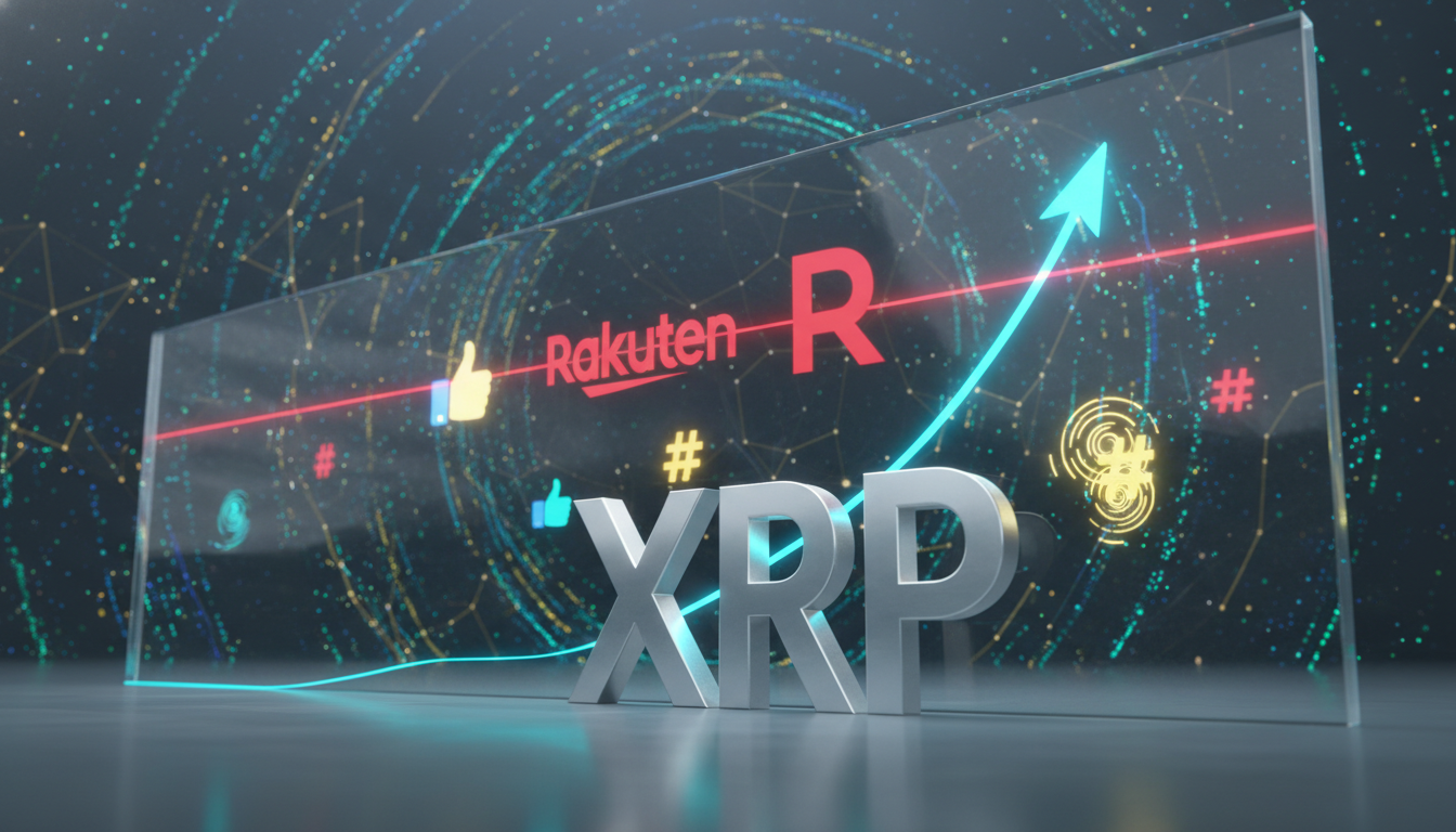 กราฟราคา XRP แสดง sentiment พุ่งสูงแต่ติดแนวต้าน พร้อมโลโก้ Rakuten Wallet