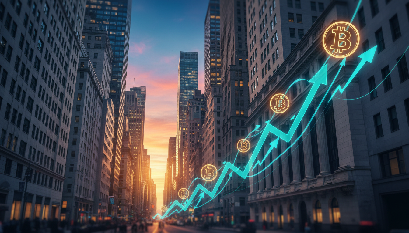ภาพเมือง Wall Street กับกราฟพุ่งขึ้นและสัญลักษณ์ Bitcoin แสดงถึงการไหลของเงินทุนจากตลาดหุ้นสู่ Bitcoin