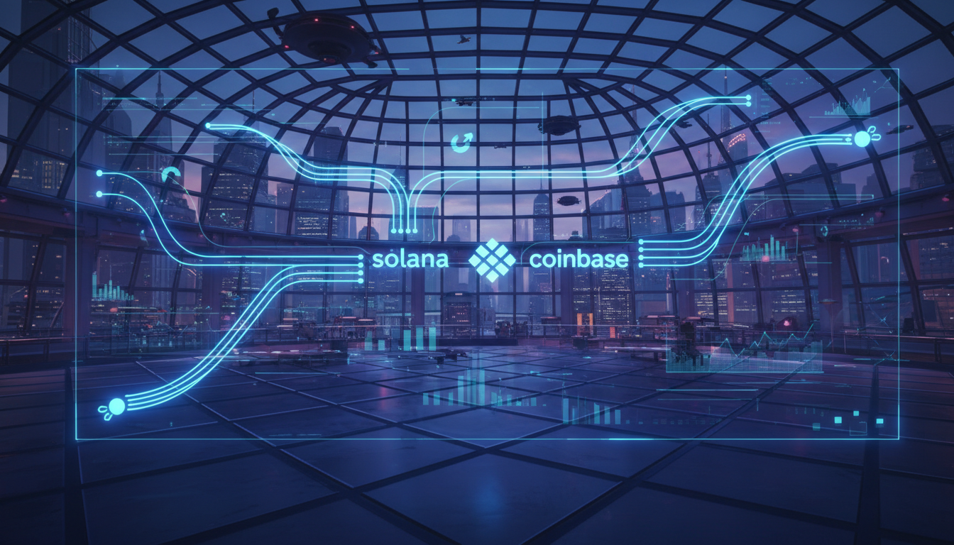 ภาพอินเทอร์เฟซการซื้อขายดิจิทัลแสดงโลโก้ Coinbase และ Solana พร้อมการไหลของข้อมูลที่ราบรื่น สะท้อนการบูรณาการ DFlow เพื่อยกระดับการซื้อขาย Solana และลดข้อผิดพลาด