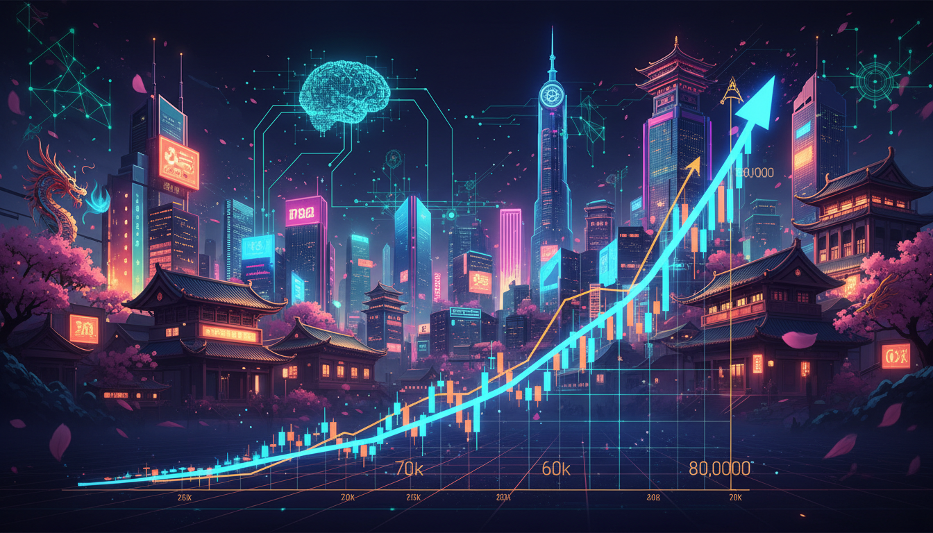กราฟราคา Bitcoin ทะยานแตะ 80,000 ดอลลาร์ โดยมีภาพตลาดหุ้นเอเชียและเทคโนโลยี AI เป็นฉากหลัง