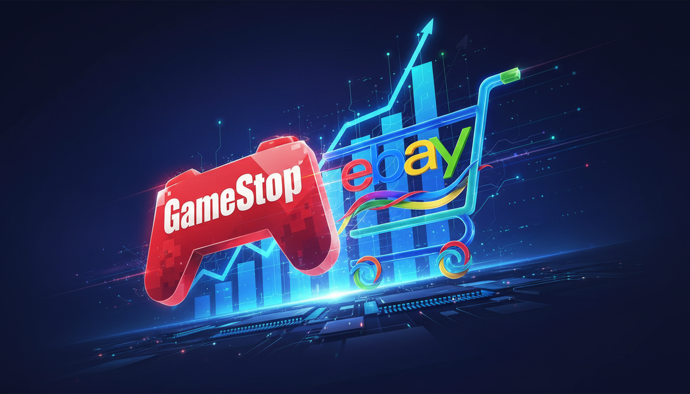 ภาพประกอบ GameStop เสนอซื้อ eBay แสดงโลโก้ของ GameStop และ eBay ที่รวมกันเป็นสัญลักษณ์ของการควบรวมกิจการครั้งใหญ่