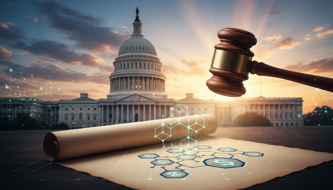 ค้อนผู้พิพากษาและเอกสารกฎหมายกับสัญลักษณ์ Stablecoin และอาคารรัฐสภาสหรัฐฯ สื่อถึงความคืบหน้าของกฎหมาย CLARITY Act