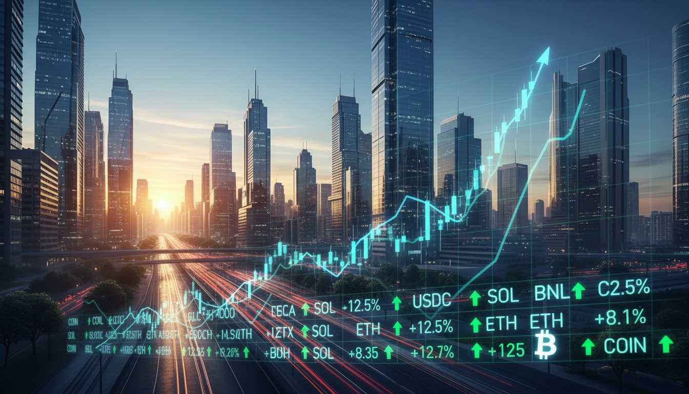 กราฟราคาหุ้นคริปโตของ Coinbase และ Circle ที่ปรับตัวสูงขึ้น พร้อมกับกราฟ Bitcoin ที่ทะลุ 80,000 ดอลลาร์ แสดงถึงตลาดคริปโตที่สดใสจากการออกกฎหมาย Clarity Act