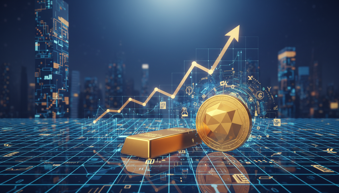 กราฟแสดงมูลค่า Tether Gold (XAUt) ที่พุ่งสูงขึ้นพร้อมสัญลักษณ์ทองคำและบล็อกเชน