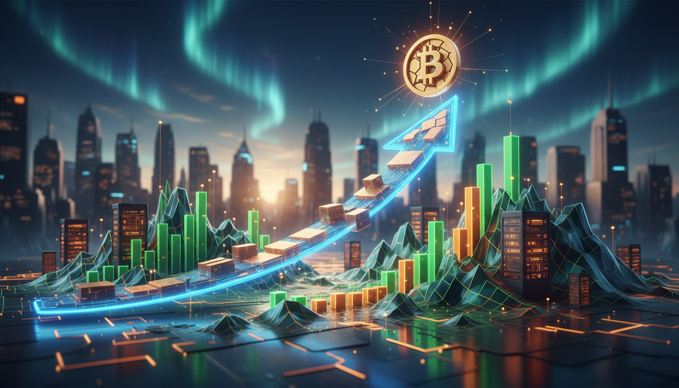 กราฟราคา Bitcoin พุ่งสูงขึ้น พร้อมสัญลักษณ์ตลาดหุ้นและภาพนักขุด แสดงถึงการเติบโตของราคา BTC