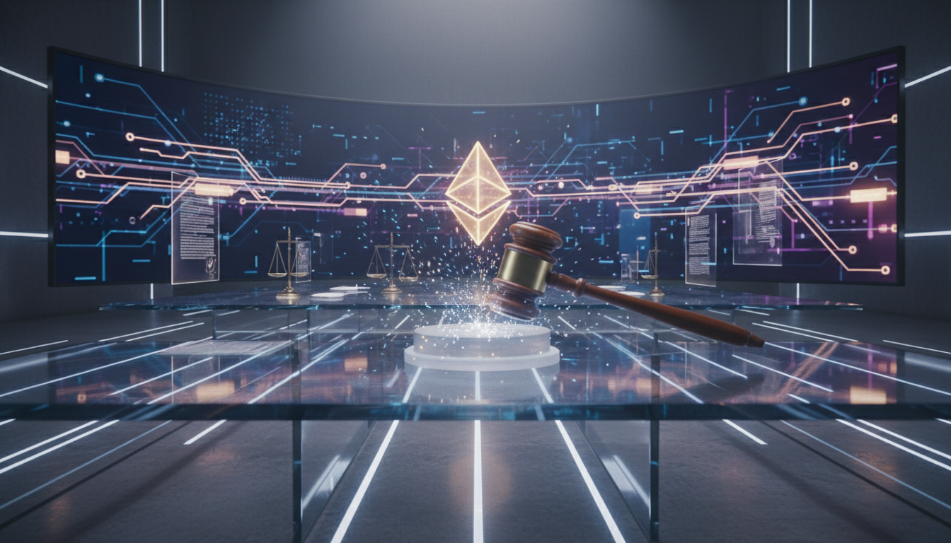 ค้อนผู้พิพากษาในศาลดิจิทัลพร้อมสัญลักษณ์ Ethereum ด้านหลัง แสดงถึงข้อพิพาททางกฎหมายของ Aave ที่ต้องการยกเลิกอายัด ETH