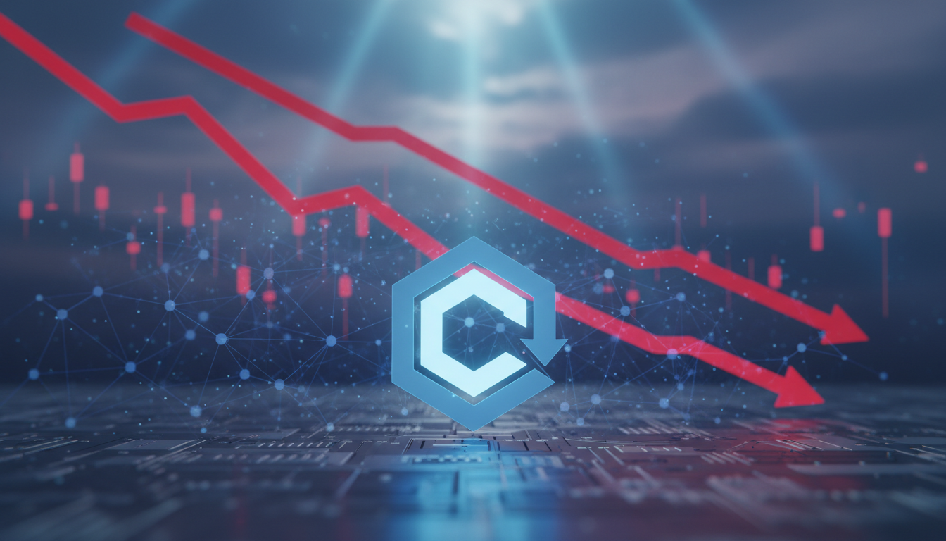 โลโก้ Coinbase บนพื้นหลังกราฟตลาดคริปโตขาลงและสัญลักษณ์ AI สะท้อนการปลดพนักงานเพื่อปรับโครงสร้าง