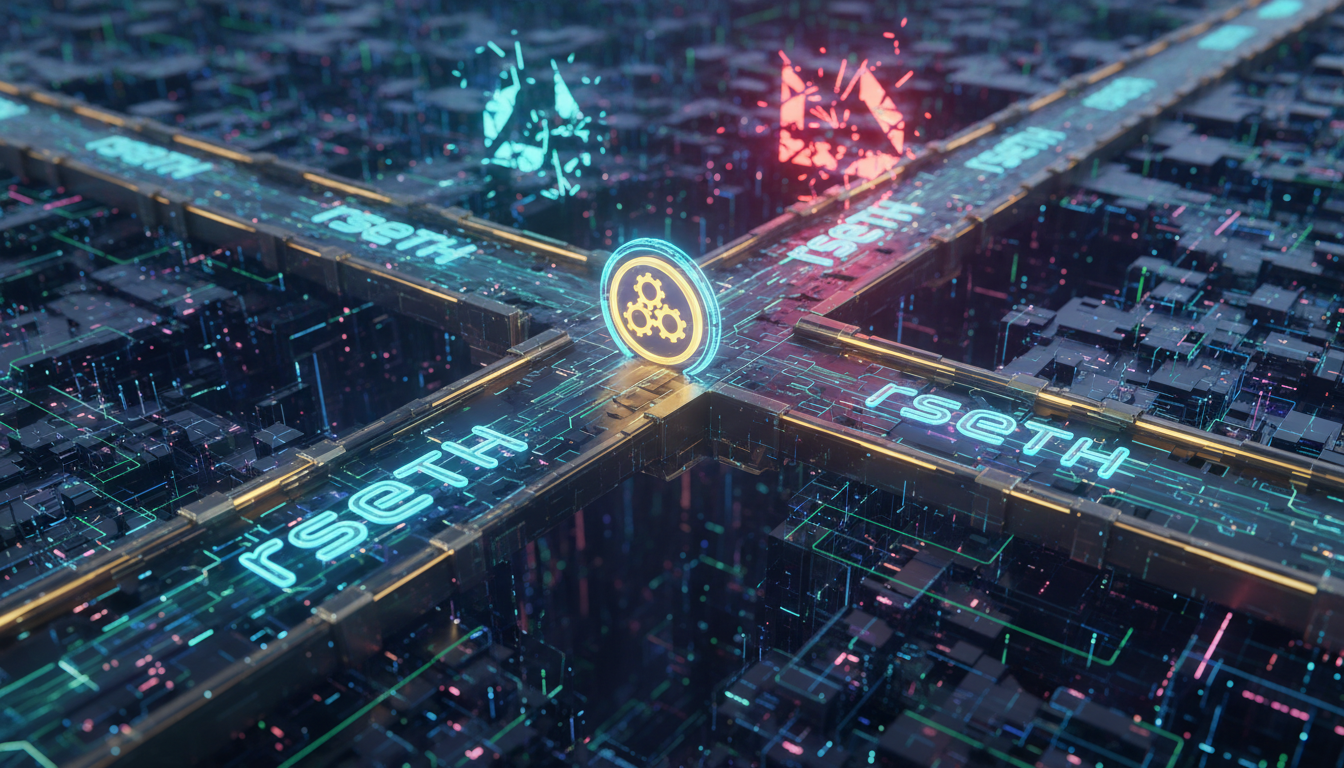 ภาพแสดงการย้ายสินทรัพย์ดิจิทัล rsETH ของ Kelp DAO ข้ามบล็อกเชนไปยัง Chainlink CCIP โดยมีสัญลักษณ์ของ LayerZero อยู่ด้านหลังในลักษณะที่แสดงถึงความขัดแย้ง