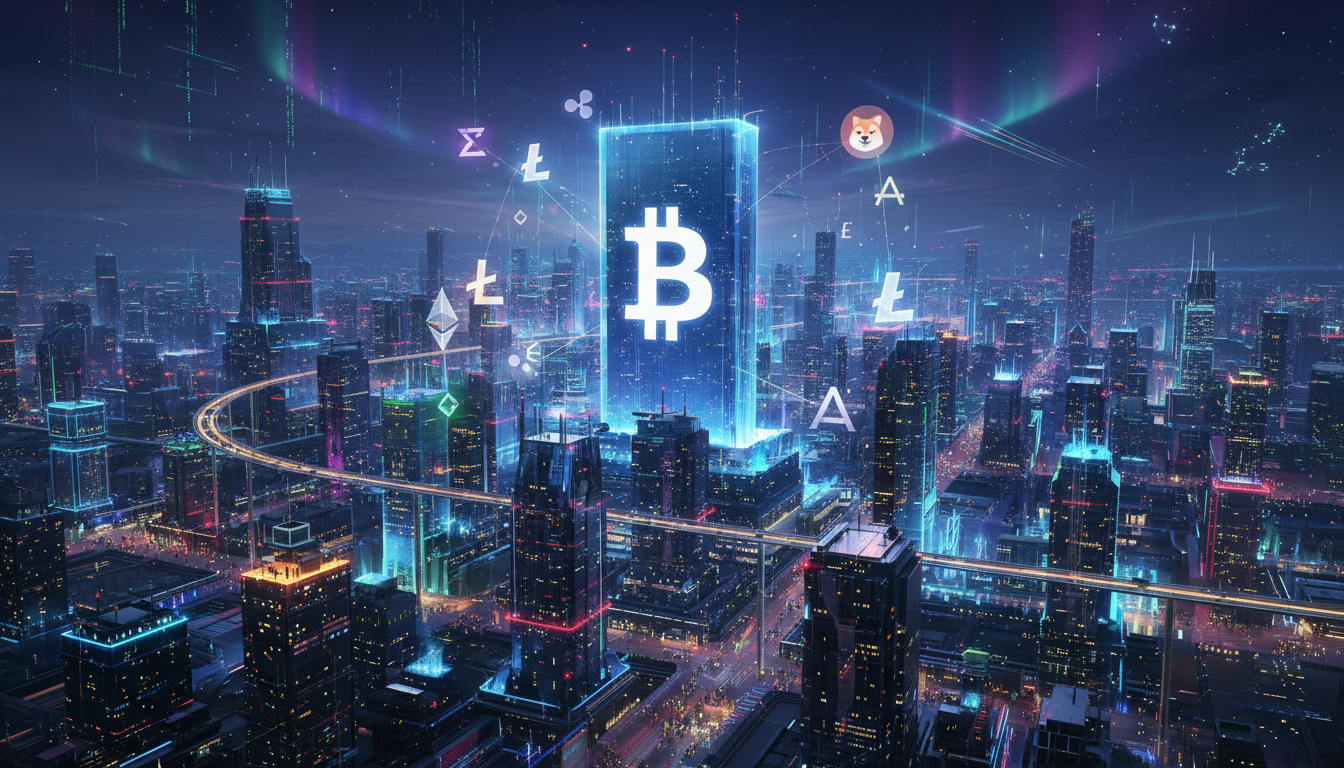 ภาพเมืองดิจิทัลแสดงถึงตลาดคริปโตที่กำลังเติบโต มีสัญลักษณ์ Bitcoin และ Altcoin ส่องแสง บ่งบอกถึงการคาดการณ์ราคาคริปโตที่หลากหลาย