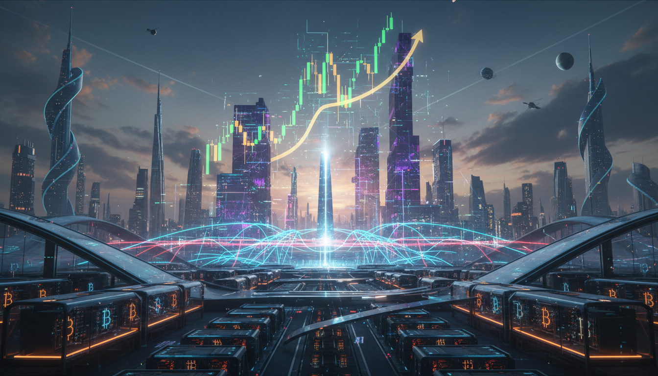 กราฟหุ้น Hut 8 พุ่งขึ้นพร้อมภาพเหมือง Bitcoin และสัญลักษณ์ AI แสดงถึงการเติบโตและการกระจายความเสี่ยง