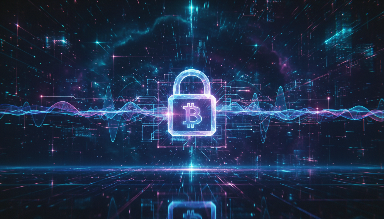 ภาพเชิงนามธรรมแสดงถึงความปลอดภัยของ Bitcoin ที่กำลังเผชิญกับเทคโนโลยีควอนตัมคอมพิวติ้ง ซึ่งเป็นภัยคุกคามต่อ Bitcoin หลังยุคควอนตัม