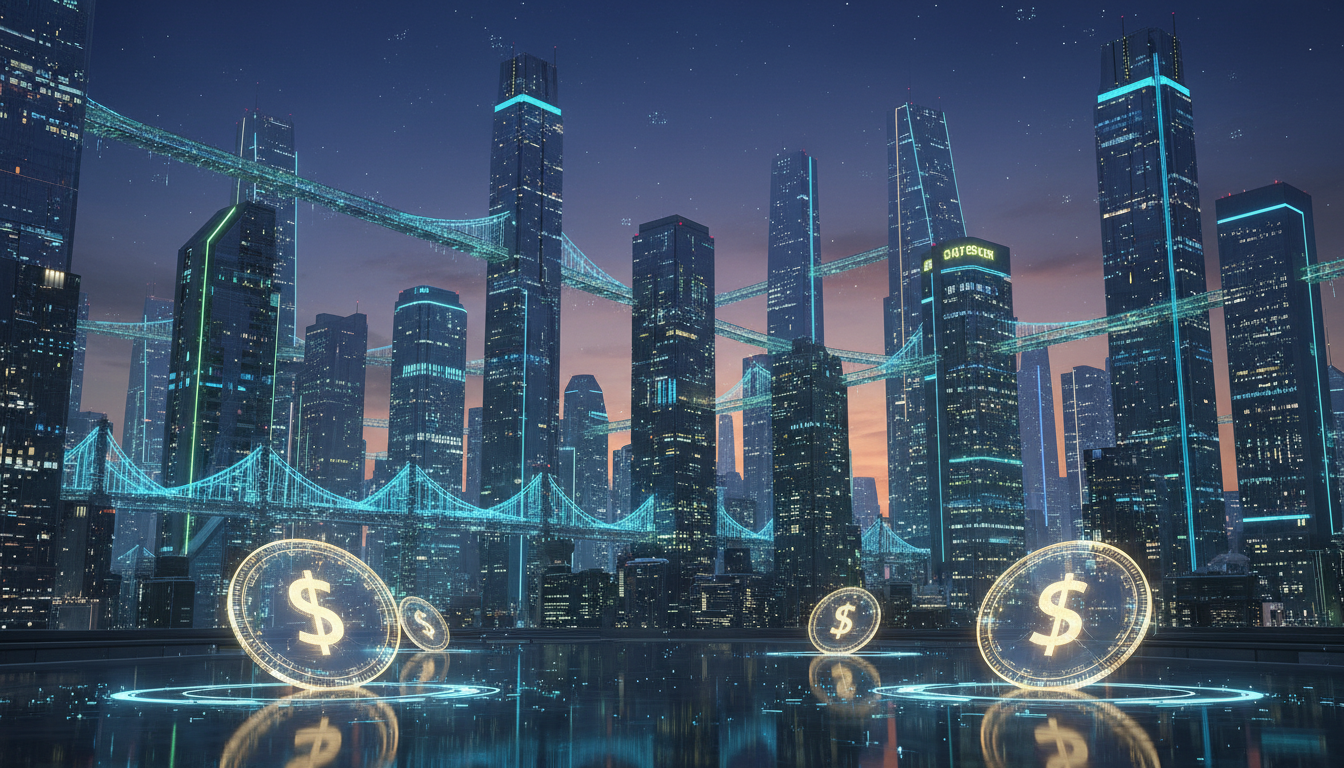 ภาพเมืองดิจิทัลแสดงการไหลเวียนของ Stablecoin ระหว่างบริษัทเทคโนโลยีขนาดใหญ่และสถาบันการเงิน