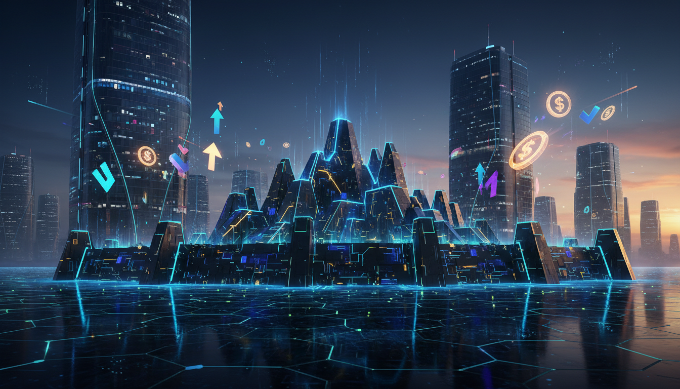 ภาพแนวคิดความปลอดภัยของ Bitcoin ในโลก DeFi พร้อมสัญลักษณ์การลงทุนและอาคารสถาบัน