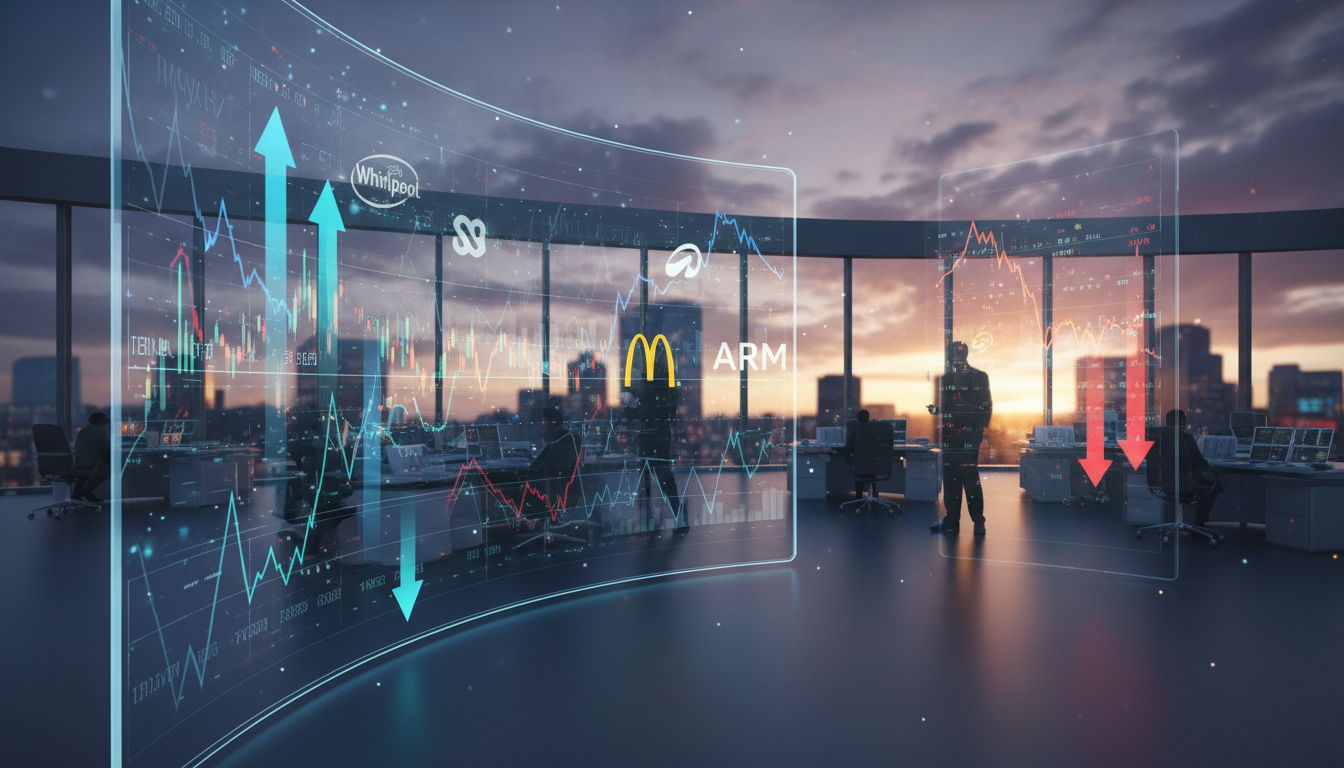 กราฟหุ้นแสดงความผันผวนก่อนตลาดเปิดของ Whirlpool, Shake Shack, McDonald's และ Arm Holdings