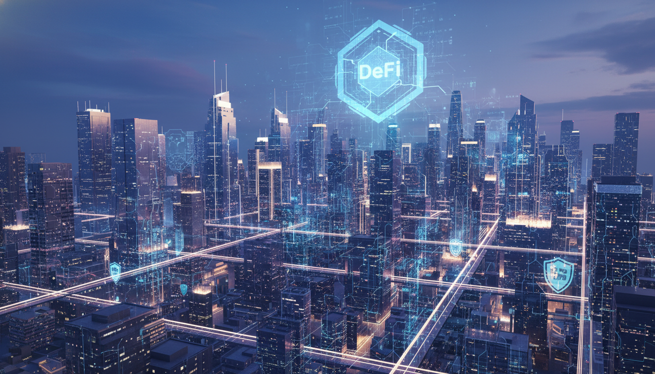 ภาพเมืองดิจิทัลแสดงถึงการรวมกันของ DeFi และ AI Agents ที่กำลังขับเคลื่อนระบบการเงินสู่กระแสหลัก