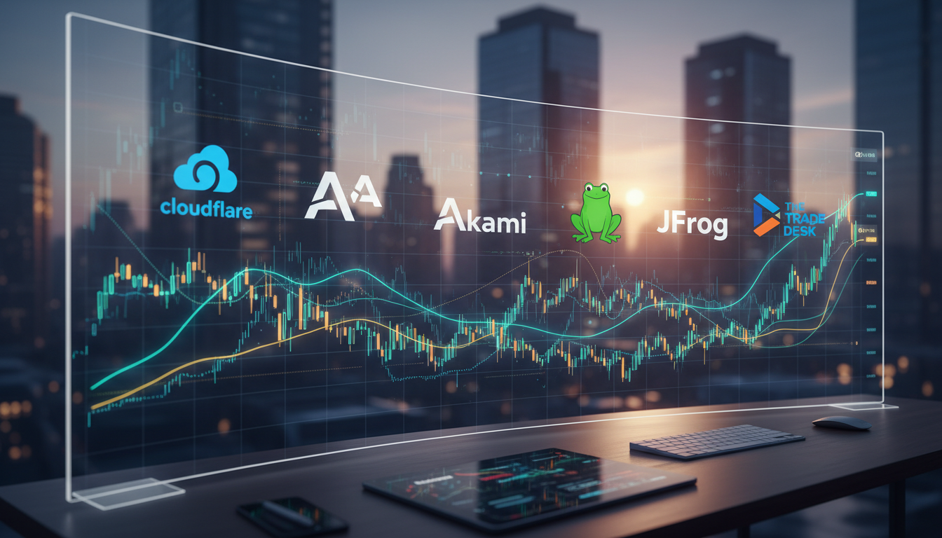 กราฟหุ้นแสดงการเคลื่อนไหว premarket ของ Cloudflare, Akamai, JFrog และ Trade Desk พร้อมสัญลักษณ์บริษัท