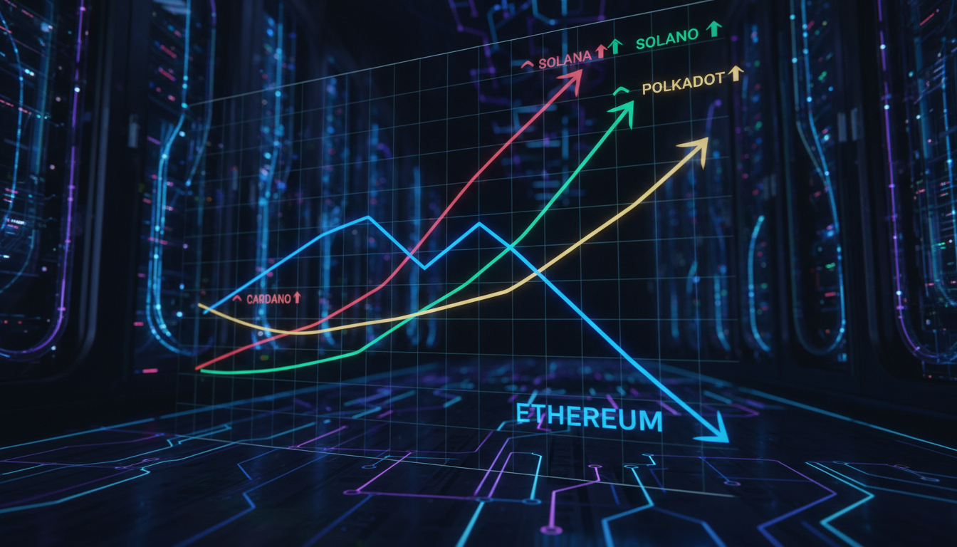 กราฟแสดงส่วนแบ่งตลาด DeFi Ethereum ที่ลดลงและเชนคู่แข่งที่เพิ่มขึ้น