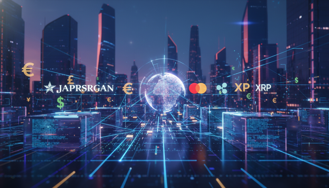 ภาพแสดงการผสานรวมระหว่าง JPMorgan, Mastercard และ Ripple ในการชำระเงินข้ามพรมแดนด้วย XRP Ledger และโทเคน