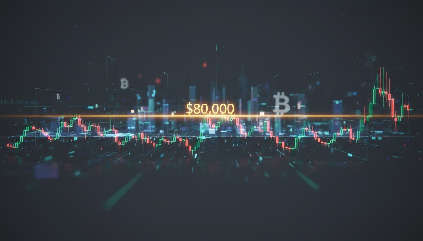 กราฟราคา Bitcoin ที่ระดับ 80,000 ดอลลาร์ แสดงความผันผวนแต่ยังคงรักษาระดับไว้ได้ พร้อมภาพประกอบตลาดการเงินดิจิทัล