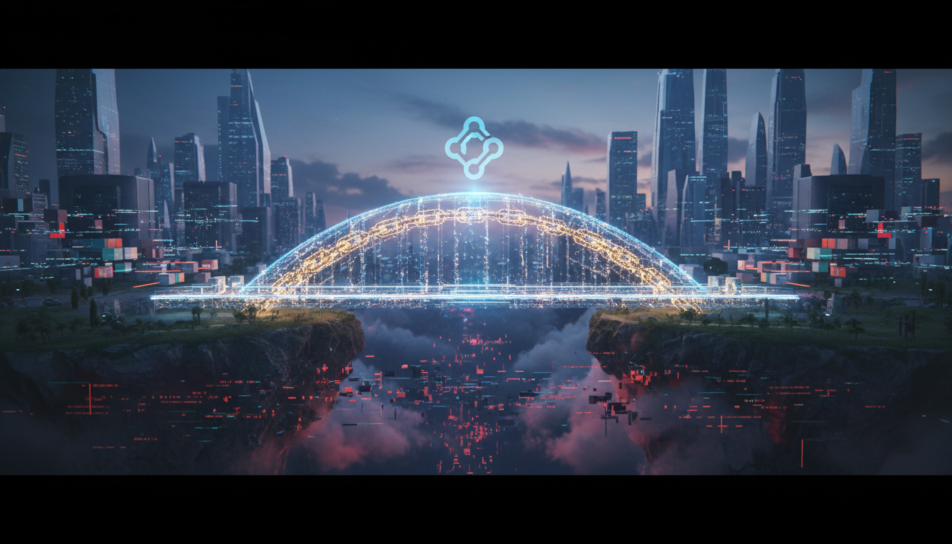 ภาพสะพานดิจิทัลที่ปลอดภัยเชื่อมต่อบล็อกเชนต่างๆ พร้อมโลโก้ Chainlink สื่อถึงความน่าเชื่อถือและความปลอดภัยในการแลกเปลี่ยนข้อมูลข้ามเชน